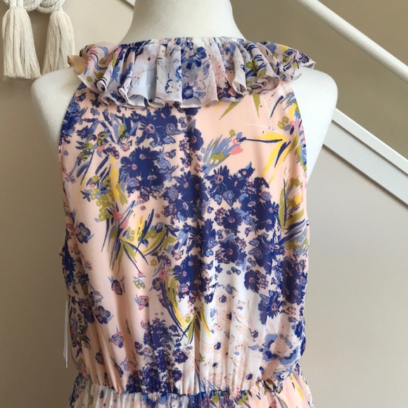NWT Leith Floral Watercolor Chiffon Deep V Ruffle High Lo Midi Dress Pink Blue L - Picture 9 of 16